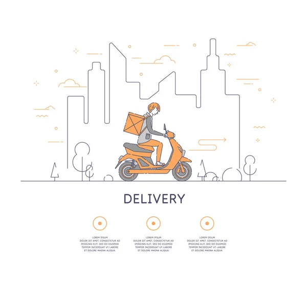 O mensageiro está com pressa para entregar pizza. Um jovem faz uma entrega. Um homem monta uma scooter na estrada. —  Vetores de Stock