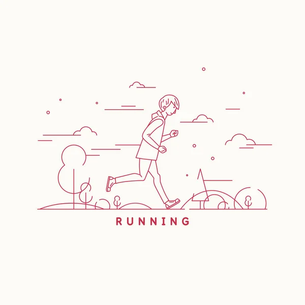 Młody człowiek biegnie w naturze. Facet uprawia sport i biegnie do przodu. Ilustracja liniowa w stylu kreskówki. — Wektor stockowy