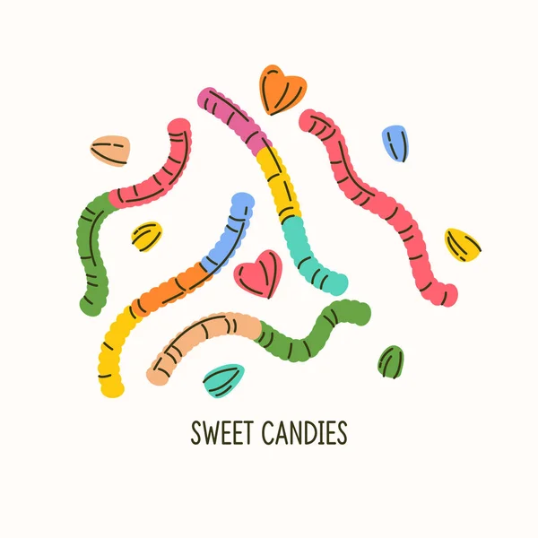Un conjunto de dulces caramelos masticables. Gusanos gelatinosos. Mermeladas en forma de gusanos. Gráficos vectoriales planos. — Archivo Imágenes Vectoriales