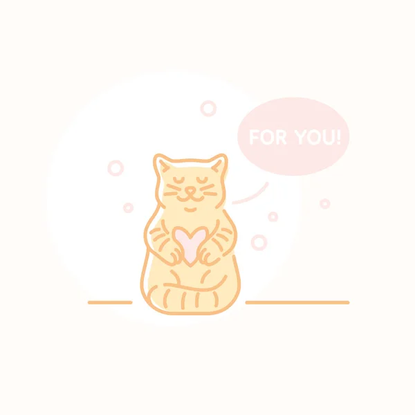 Une carte postale avec une photo d'un chat et du texte pour vous. Ilustration dans un style plat. Un chat mignon tient un cœur dans ses pattes. — Image vectorielle