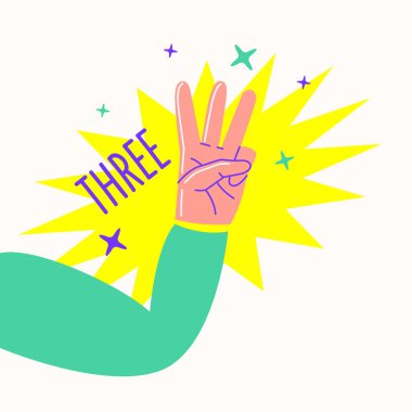 El hareketi üç parmak gösteriyor. Kişi kolu dirsekten bükülmüş. Modern moda gençlik grafikleri.