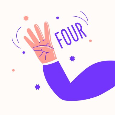 El hareketi dört parmak gösteriyor. Kişi kolu dirsekten bükülmüş. Modern moda gençlik grafikleri.