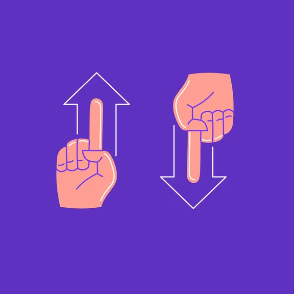 The hand and arrow are pointing up and down. A set of icons with the image of human hands. — Stock Vector