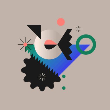 Soyut elementler, dinamik şekiller ve el hareketleriyle modern bir arkaplan. Renkli noktaların bileşimleri.