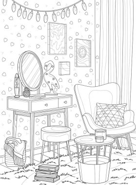 Cute room interior for a girl. Coloring book for adults. The interior of the room. Black and white illustration.