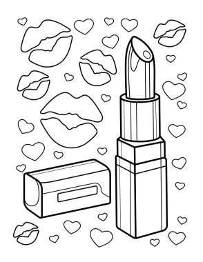 Beauty coloring book. Lipstick. Kisses. Coloring book for children and adults. Black and white vector illustration.