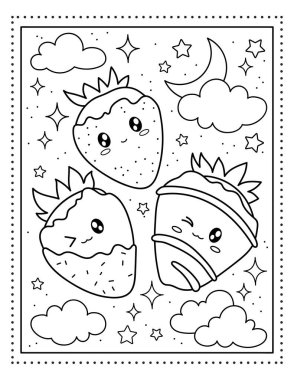 Strawberries in chocolate. Stars. Kawaii coloring book. Sweets. Coloring book. Black and white illustration.