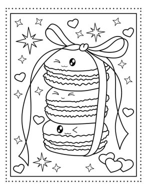 Macarons with a ribbon and a bow. Kawaii coloring book. Sweets. Coloring book. Black and white illustration. clipart
