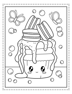 Cupcake with macarons. Butterflies and soap bubbles. Kawaii coloring book. Sweets. Coloring book. Black and white illustration.