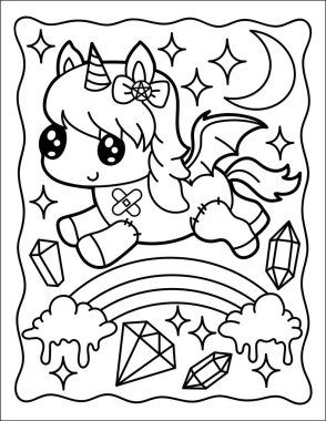 Halloween coloring page. Unicorn with 3 eyes. Terrible animals. Horror. Kawaii. Witch animals. Black and white illustration.