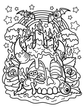 Coloring book for children.Kawaii. Halloween. Skull with a spider. Cute spider.