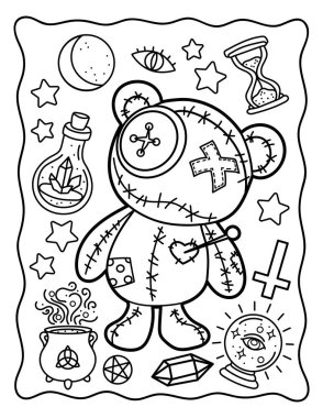 Coloring. Coloring book for children. Bear. Voodoo toy. Halloween. Coloring book for adults. Black and white illustration.