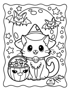 Coloring book for children. Coloring book for adults. Magic cat in a witch's hat. Witch. Witch cat. Magic. Halloween.