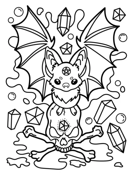 Kawaii Coloring Page Bat Skull Crystals Magic Mysticism Black White — ストックベクタ