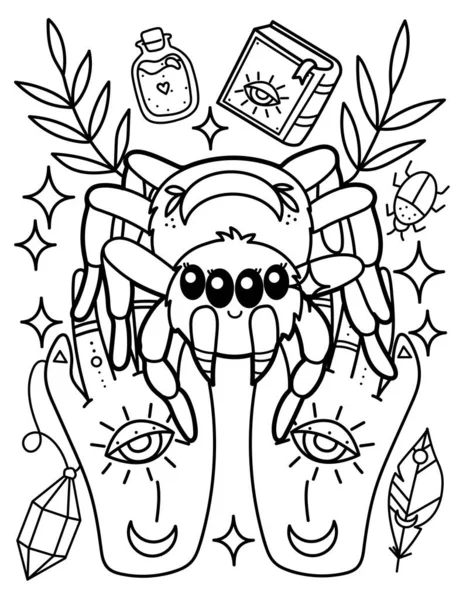 Kawaii Coloring Page Cute Spider Hands Magic Mysticism Black White — Vettoriale Stock