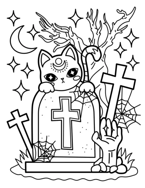 Kawaii Coloring Page Mystic Cat Sitting Cemetery Crosses Night Black — Vettoriale Stock