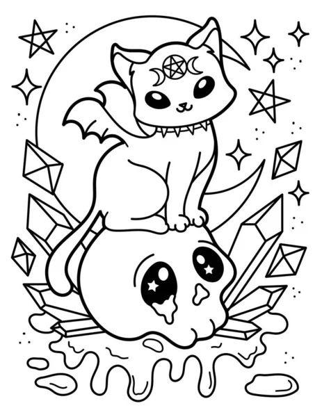 Kawaii coloring page. Mystic. The cat is sitting on the skull. Halloween. Black and white illustration.