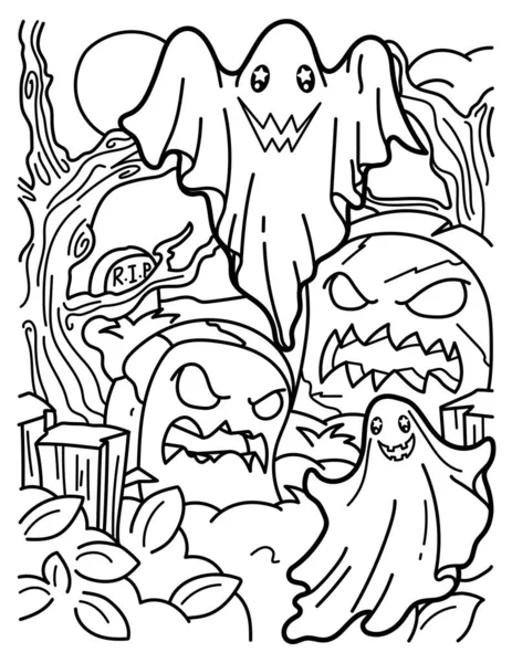 Kawaii Coloring Page Cute Ghosts Graveyard Magic Mysticism Black White — Stockvector