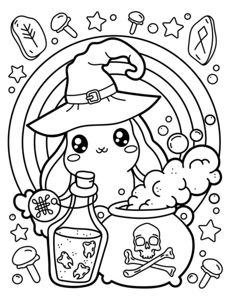 Kawaii Coloring Page Witch Cat Brewing Potion Cauldron Magic Mysticism — Vettoriale Stock