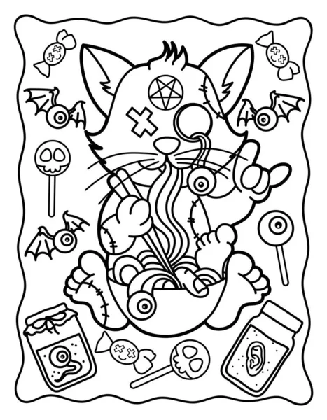Halloween Coloring Page Cat Bowl Food Terrible Animals Horror Kawaii — Vettoriale Stock