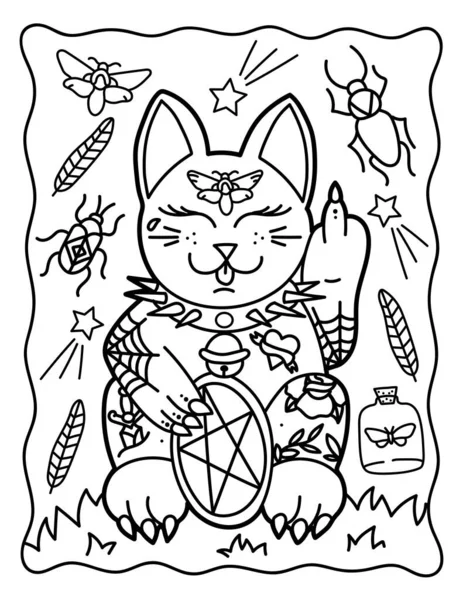 Halloween Coloring Page Cat Tattoos Horror Stories Witch Animals Black — ストックベクタ