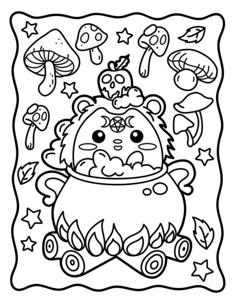 Coloring Book Children Coloring Book Adults Cute Hedgehog Sits Cauldron — Stockvector