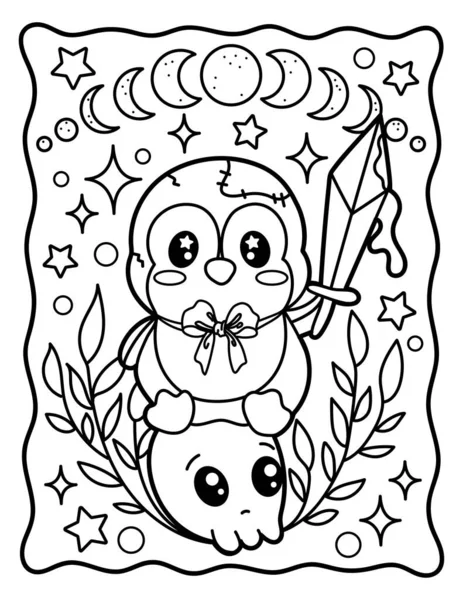 Coloring Book Children Coloring Book Adults Penguin Sitting Skull Moon — Vettoriale Stock