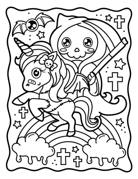Coloring Book Children Chibi Unicorn Cute Unicorn Sweet Death Gothic — Vettoriale Stock