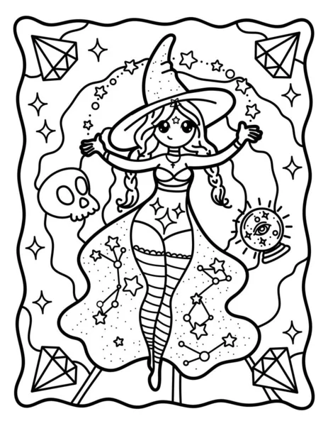 Coloring Book Children Witch Star Fairy Halloween Magic — Vettoriale Stock