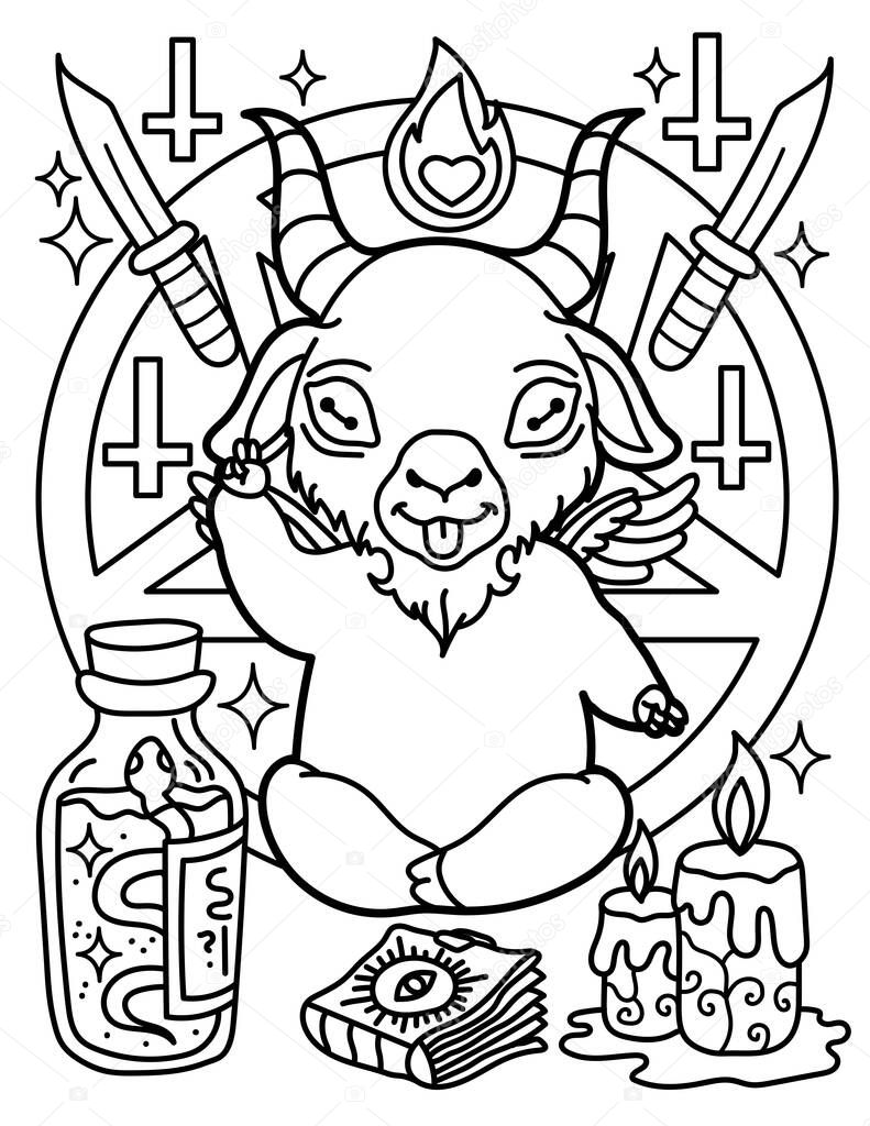Halloween coloring page. Coloring book for children and adults. Goat magician with candles and a book. Otherworldly phenomenon. Pentagram.