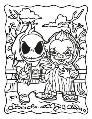 Coloring book for children. Spooky characters. Coloring book for adults. Halloween. Coloring book for Halloween. Cute horror movies.