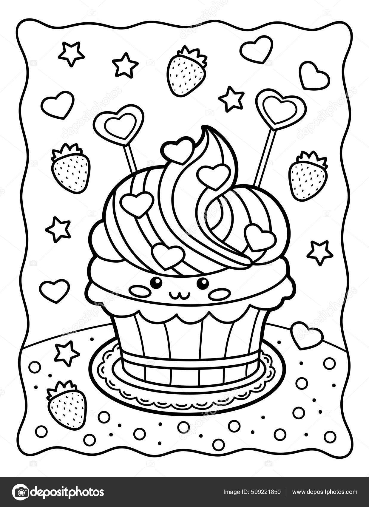 Kawaii Coloring Page Cute Cake Bow Birthday Coloring Book Black