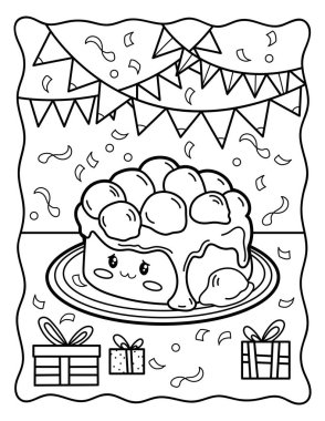 Kawaii coloring page. Cute cake with strawberries. Black and white illustration.
