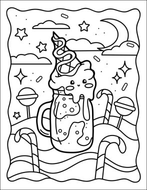 Kawaii coloring page. Ice cream jar. Smoothie. Sweets. Coloring book. Black and white illustration.