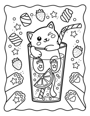 Kawaii coloring page. Cool kitten in a glass with lemonade. Coloring book. Black and white illustration.