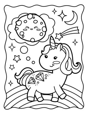 Kawaii coloring page. Rainbow unicorn with chocolate chip cookies. Coloring book. Black and white illustration.