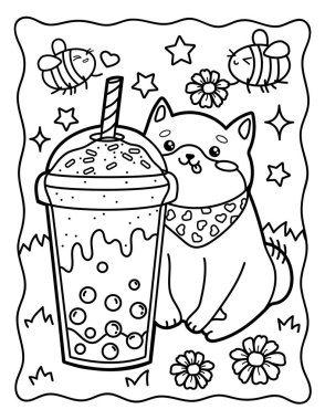 Kawaii coloring page cute corgi dog with bubble cocktail. Coloring book. Black and white illustration.
