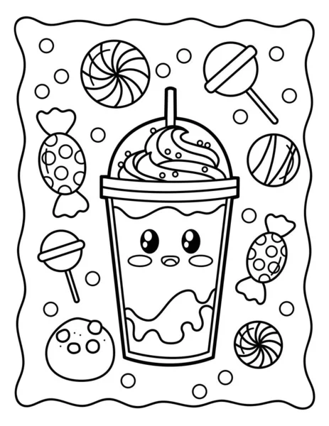 Kawaii Coloring Page Cool Drink Straw Coloring Black White Illustration — Stok Vektör