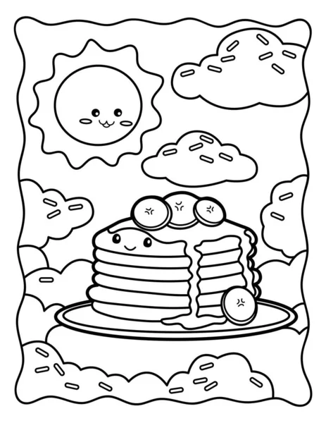 Kawaii Coloring Page Morning Banana Pancakes Sun Sweets Black White — Stok Vektör