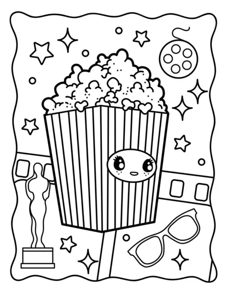 Kawaii Coloring Page Popcorn Movies Sweets Coloring Book Black White — Stok Vektör