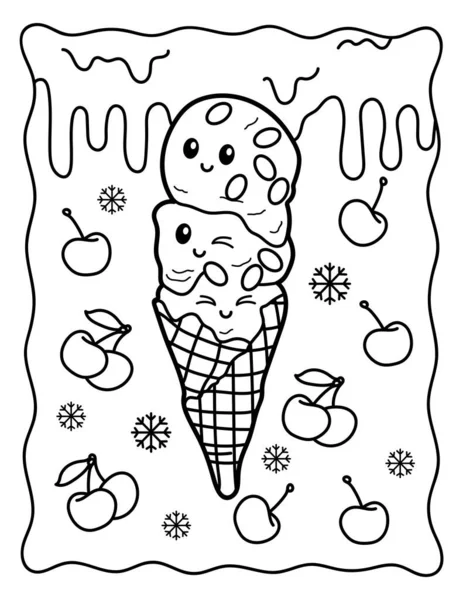 Kawaii Coloring Page Ice Cream Cone Scoops Cute Ice Cream — Stok Vektör