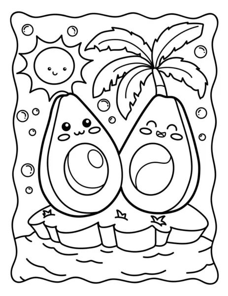 Kawaii Coloring Page Cute Avocados Island Rainbow Coloring Book Avocado — Stok Vektör
