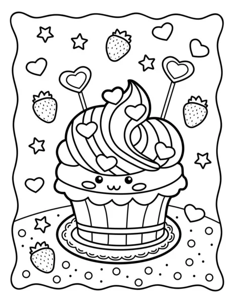 Kawaii Coloring Page Sweet Cute Cupcake Hearts Sweets Coloring Book — Stok Vektör