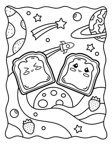Coloring Page Kawaii Toast Jam Space Planets Coloring Book Black — Stok Vektör