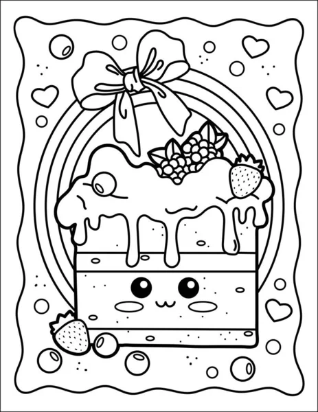 Kawaii Coloring Page Cute Cake Bow Birthday Coloring Book Black — Stok Vektör