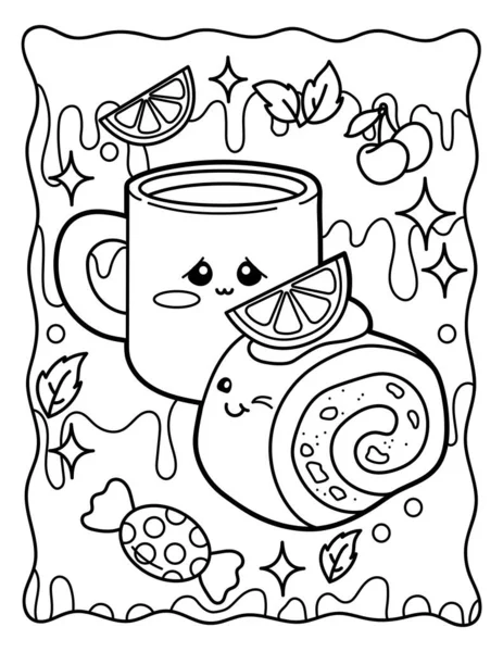 Kawaii Coloring Page Cup Tea Delicious Cute Roll Black White — Stok Vektör
