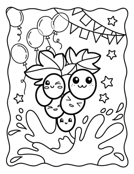 Kawaii Coloring Page Cute Grapes Smile Black White Illustration — ストックベクタ