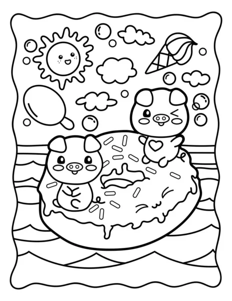Kawaii Coloring Page Cute Pigs Swim Donut Sweets Coloring Book — Stok Vektör