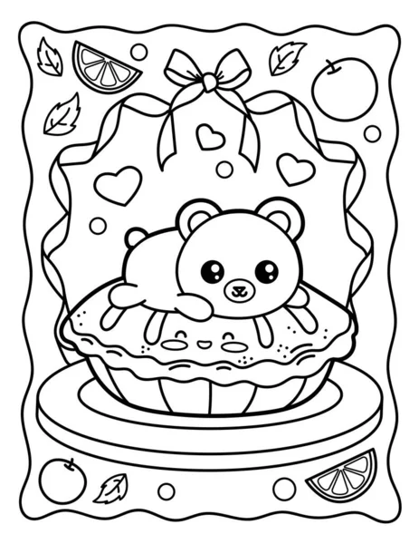 Kawaii Coloring Page Cute Bear Lies Cake Black White Illustration — Stok Vektör