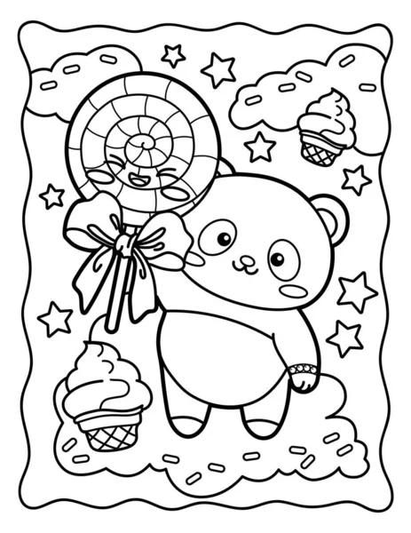 Kawaii Coloring Page Cool Panda Big Lollipop Sweets Coloring Book — Stock Vector